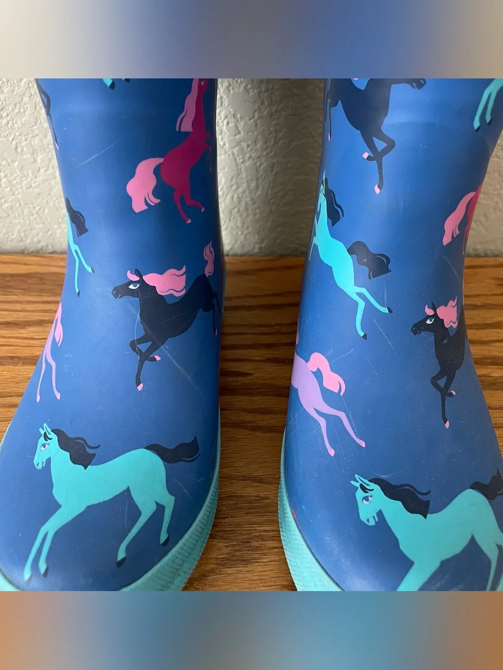 Hatley Blue Rain Boots with Teal, Pink & Black Unicorn Print